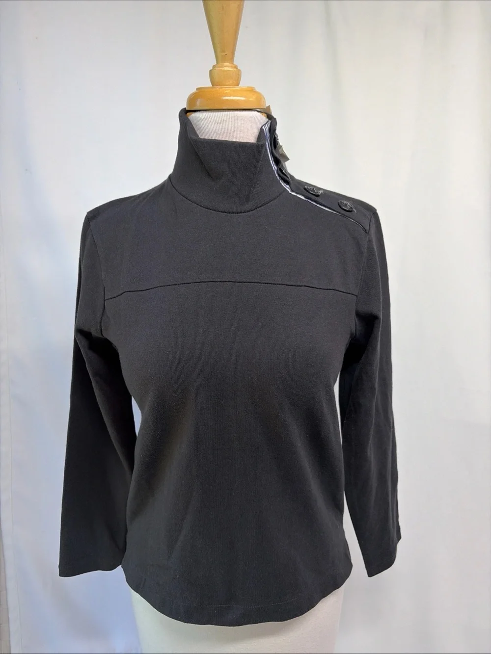 J Crew Women Sweater XXS Black HighNeck Long Sleeve Button Shoulder Pullover Top